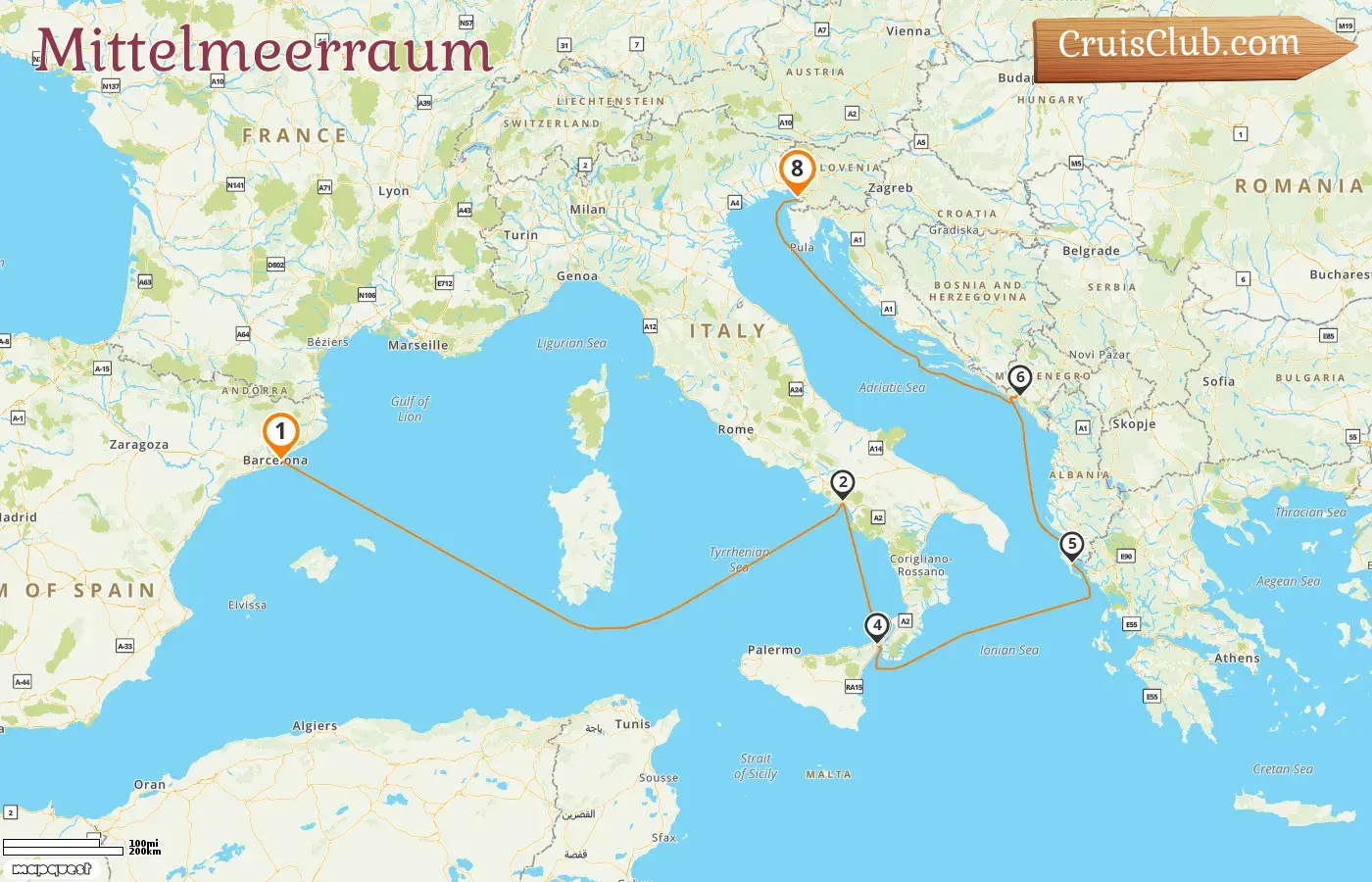 Kreuzfahrt im Mittelmeer von Barcelona nach Triest an Bord des Schiffes Queen Victoria mit Stopps in Spanien, Italien, Griechenland und Montenegro für 8 Tage
