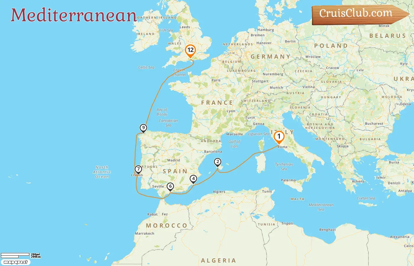 Cruise in the Mediterranean from Civitavecchia to Southampton aboard Queen Victoria ship with visits to Italy and Spain for 12 days