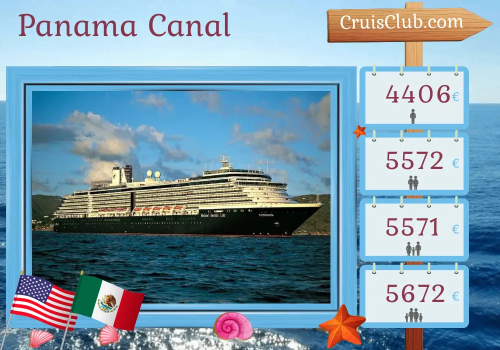 Cruise in the Panama Canal from Miami to San Diego aboard Zuiderdam ship with visits to USA, Colombia, Panama, Costa Rica, El Salvador, Guatemala, and Mexico for 16 days