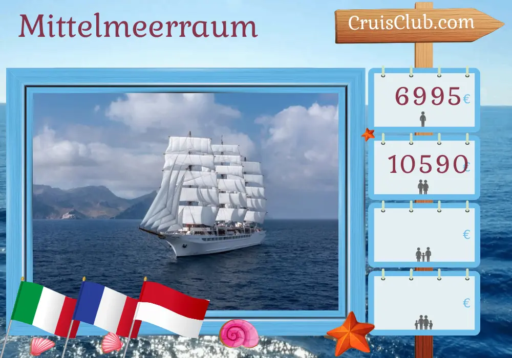 Kreuzfahrt im Mittelmeer von Neapel nach Nizza an Bord des Schiffs Sea Cloud Spirit mit Besuchen in Italien, Frankreich und Monaco für 8 Tage