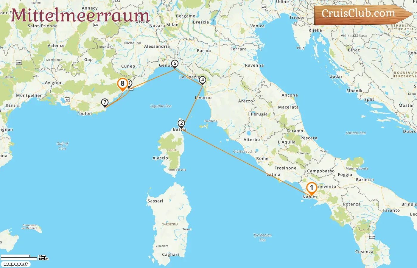 Kreuzfahrt im Mittelmeer von Neapel nach Nizza an Bord des Schiffs Sea Cloud Spirit mit Besuchen in Italien, Frankreich und Monaco für 8 Tage