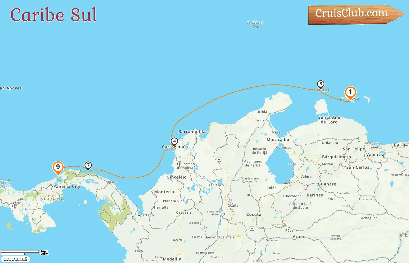 Cruzeiro no sul do Caribe de Willemstad para Colônia a bordo do navio Sea Cloud Spirit com visitas a Curaçao, Aruba, Colômbia e Panamá por 9 dias