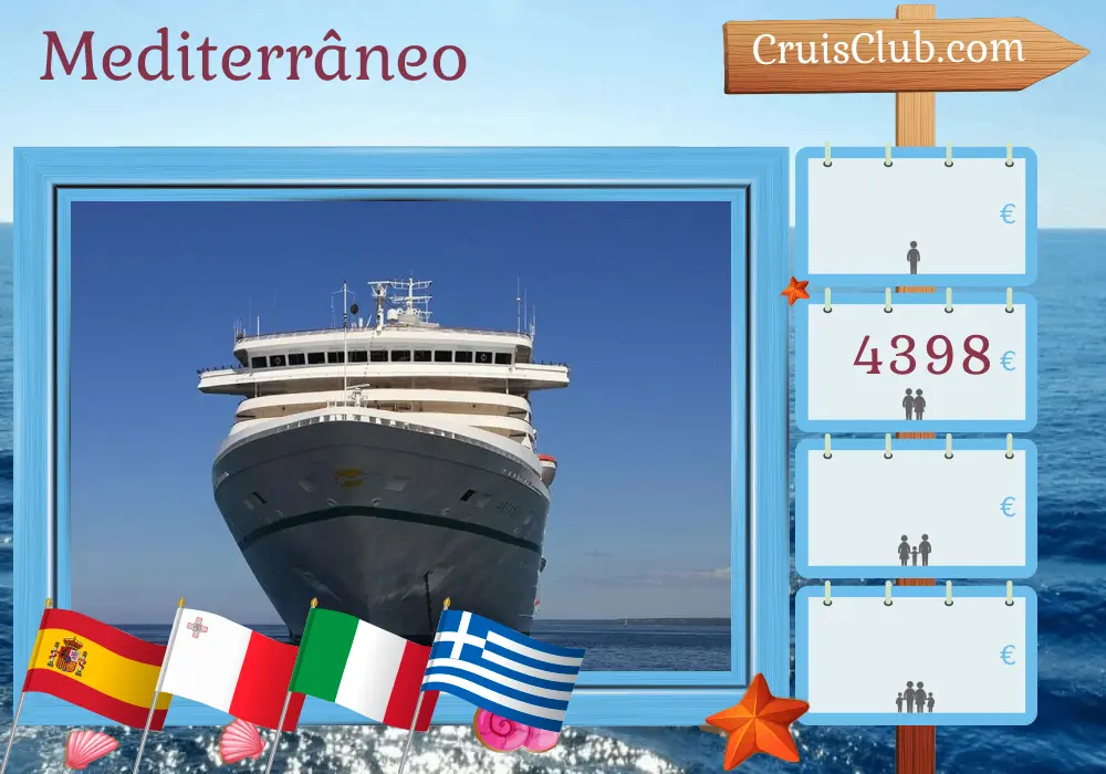Cruzeiro no Mediterrâneo de Palma a Istambul a bordo do navio Artania com visitas a Espanha, Tunísia, Malta, Itália, Grécia e Turquia por 15 dias