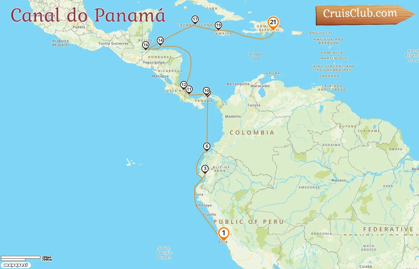 Cruzeiro no Canal do Panamá de Callao a São Domingos a bordo do navio Artânia com visitas ao Peru, Equador, Panamá, Costa Rica, Honduras, Guatemala, Ilhas Cayman e Jamaica por 21 dias