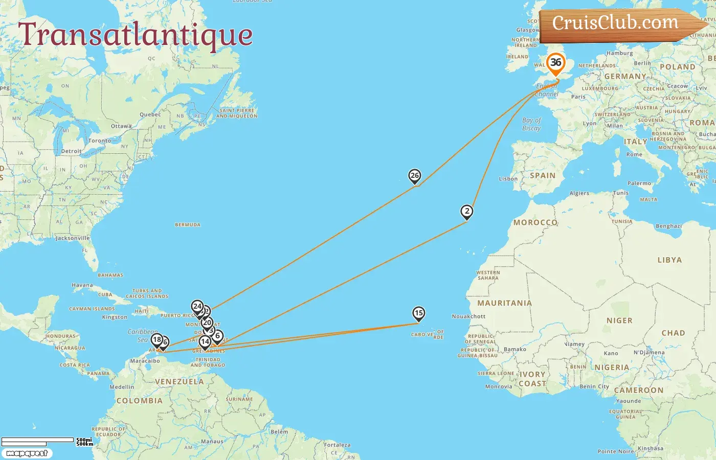 Croisière transatlantique au départ de Southampton à bord du navire Queen Victoria avec des visites au Portugal, à la Barbade, à la Grenade, à Curaçao et à Aruba pendant 36 jours