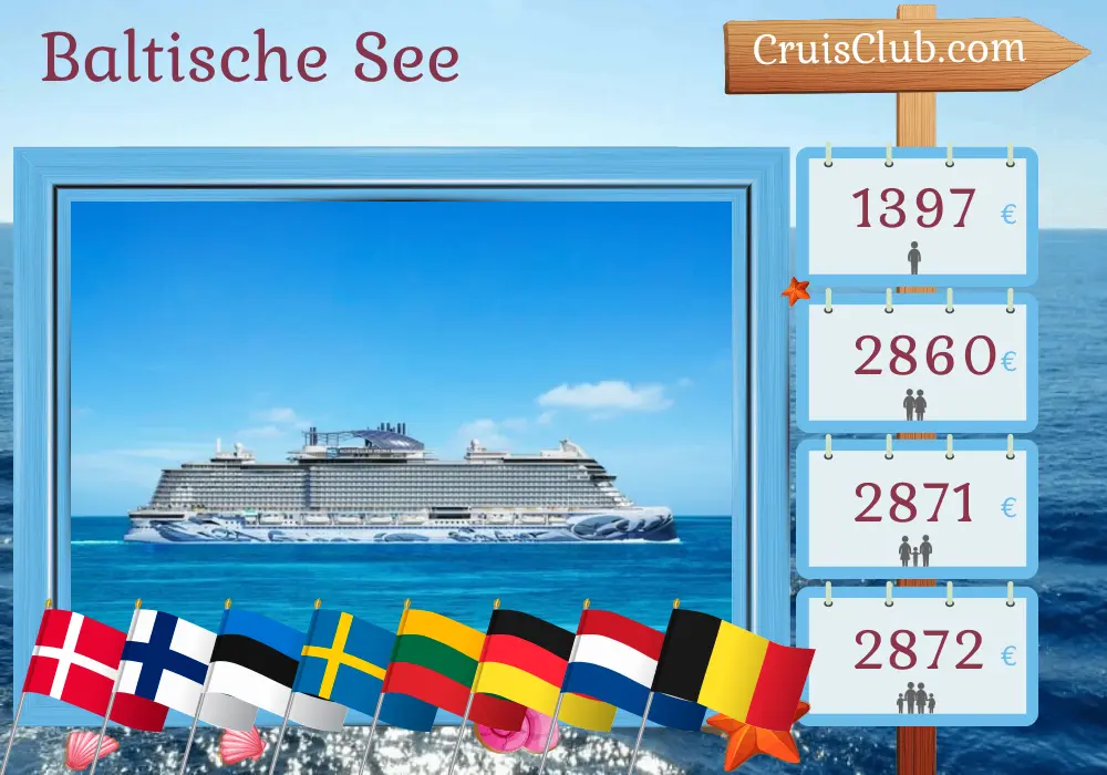 Kreuzfahrt in der Ostsee von Kopenhagen nach Southampton an Bord des Schiffes Norwegian Prima mit Stopps in Dänemark, Finnland, Estland, Schweden, Litauen, Polen, Deutschland, den Niederlanden und Belgien für 12 Tage