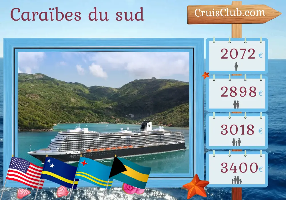 Croisière dans les Caraïbes du Sud depuis Fort Lauderdale à bord du navire Rotterdam avec escales aux USA, à Curaçao, à Aruba et aux Bahamas pendant 10 jours