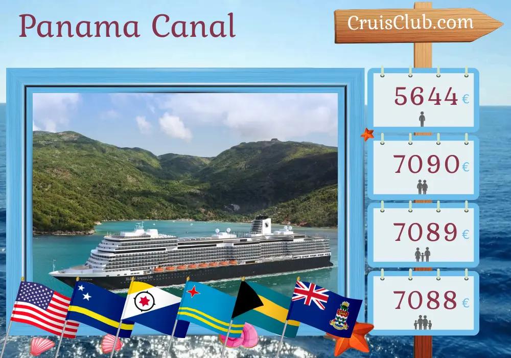 Cruise in the Panama Canal from Fort Lauderdale aboard Rotterdam ship with visits to USA, Curaçao, Aruba, Bahamas, Colombia, Panama, Costa Rica, and Cayman Islands for 22 days