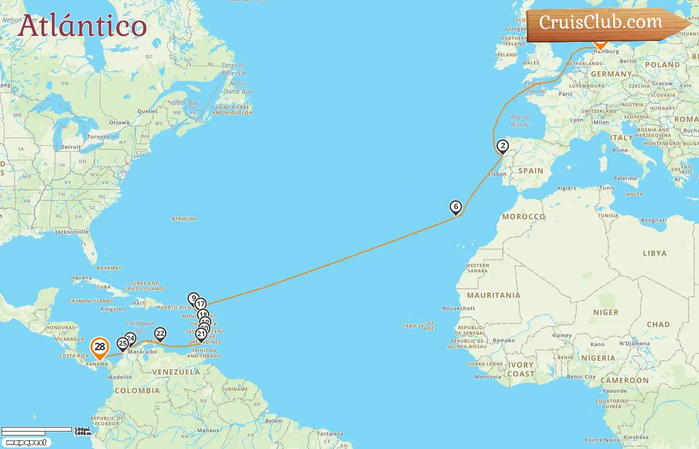 Crucero por el Transatlántico de Bremerhaven a Fuerte Amador a bordo del barco Amera con visitas a Alemania, San Vicente y las Granadinas, Granada, Curazao, Colombia y Panamá por 28 días