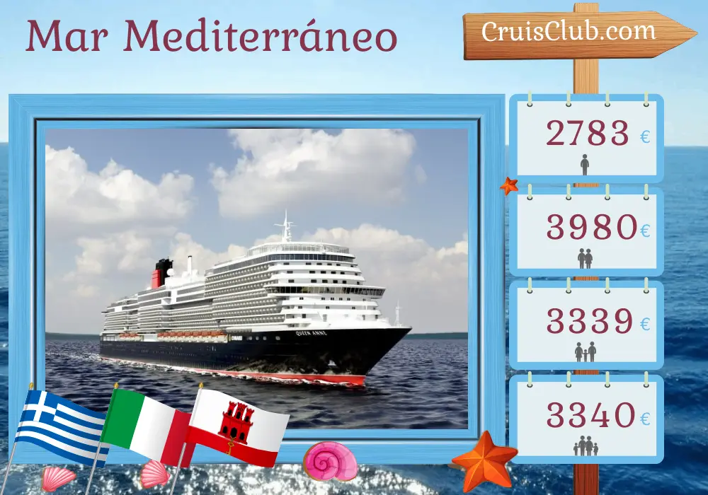 Crucero en el Mediterráneo desde El Pireo hasta Southampton a bordo del Queen Anne con visitas a Grecia, Italia y Gibraltar de 11 días
