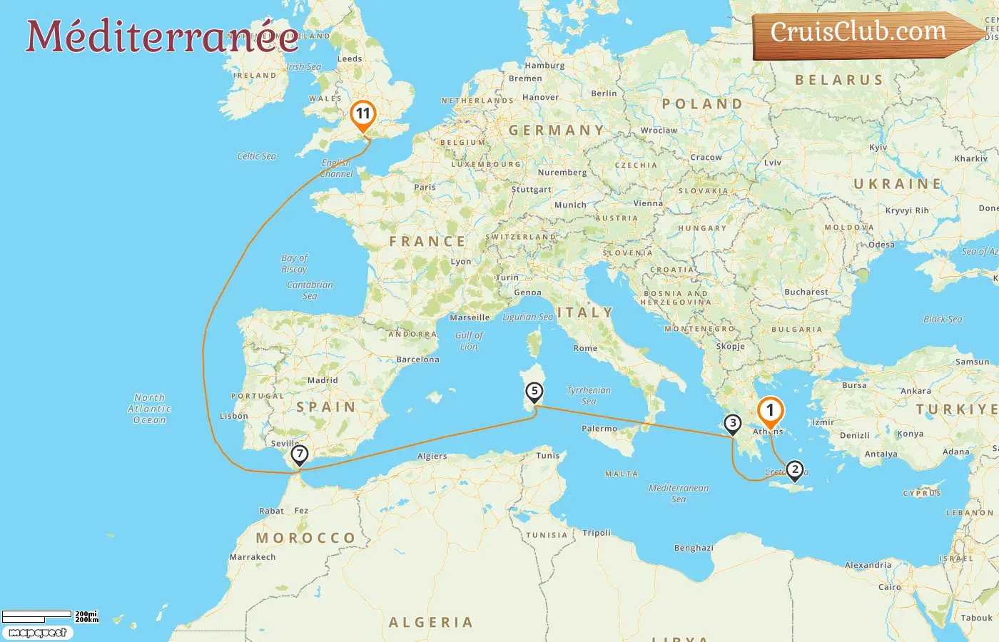 Croisière en Méditerranée de Pirée à Southampton à bord du navire Queen Anne avec des visites en Grèce, en Italie et à Gibraltar pendant 11 jours