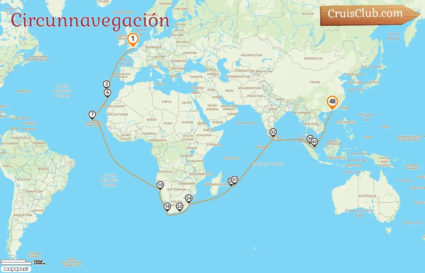 Crucero por el mundo desde Southampton a Hong Kong a bordo del barco Reina Ana con visitas a Portugal, España, Namibia, Sudáfrica, Reunión, Mauricio, Sri Lanka, Malasia, Singapur y Hong Kong durante 48 días