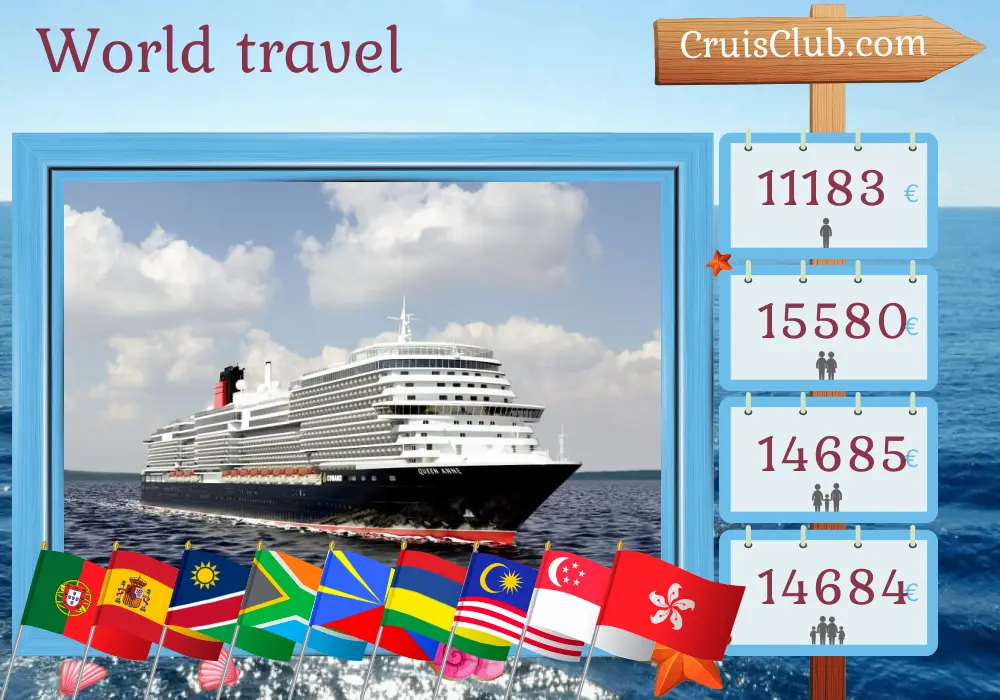 Kreuzfahrt "Weltreise von Southampton nach Hongkong an Bord des Schiffes Queen Anne mit Stopps in Portugal, Spanien, Namibia, Südafrika, Réunion, Mauritius, Sri Lanka, Malaysia, Singapur und Hongkong für 48 Tage