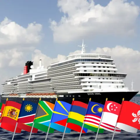 Crucero por el mundo desde Southampton a Hong Kong a bordo del barco Reina Ana con visitas a Portugal, España, Namibia, Sudáfrica, Reunión, Mauricio, Sri Lanka, Malasia, Singapur y Hong Kong durante 48 días