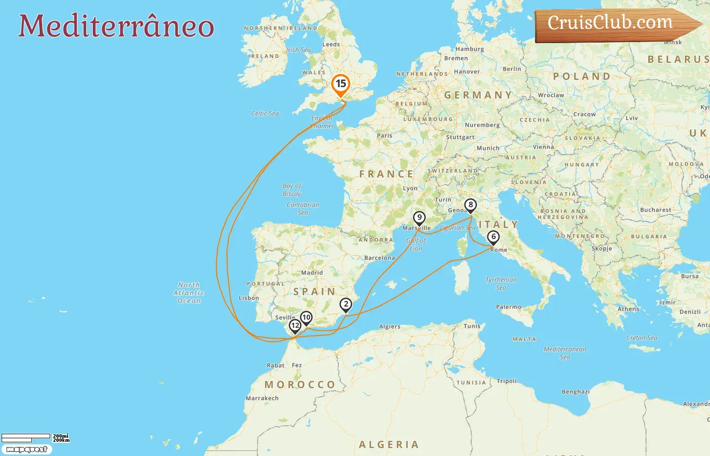Cruzeiro no Mediterrâneo a bordo do navio Queen Anne com visitas à Espanha, Itália, França e Gibraltar por 15 dias