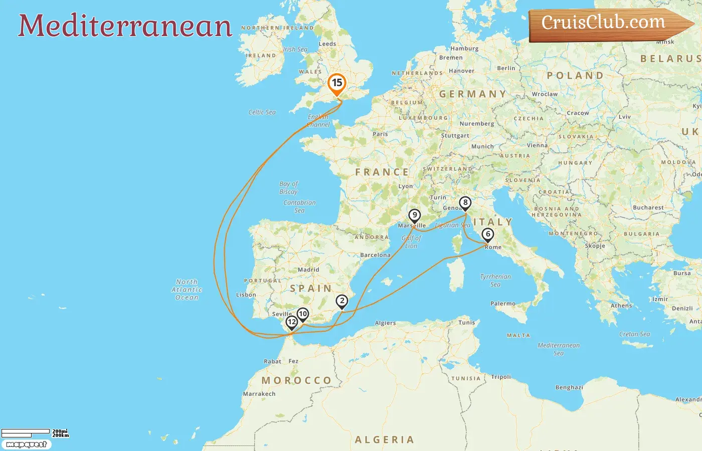 Cruise in the Mediterranean from Southampton aboard Queen Anne ship with visits to Spain, Italy, France, and Gibraltar for 15 days