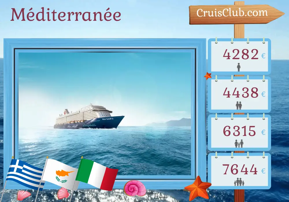 Croisière en Méditerranée au départ d`Héraklion à bord du navire Mein Schiff 5 avec des escales en Grèce, à Chypre et en Italie pendant 15 jours