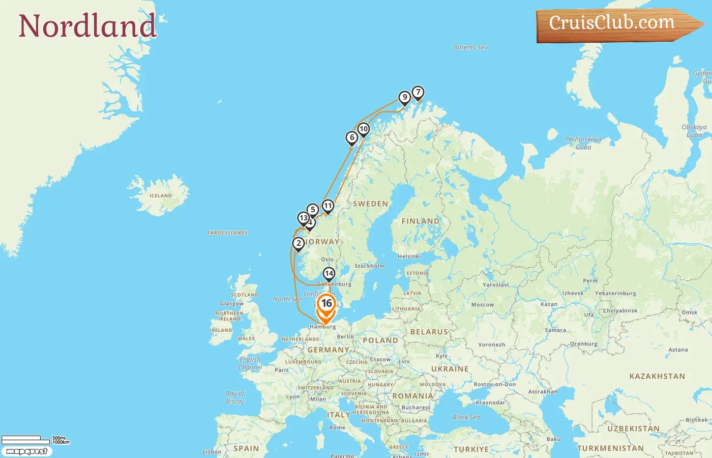 Kreuzfahrt durch das Nordland von Hamburg nach Kiel an Bord des Schiffes Vasco da Gama mit Stopps in Deutschland, Norwegen und Dänemark für 16 Tage