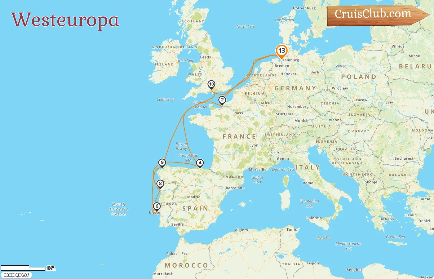 Kreuzfahrt im westlichen Europa von Bremerhaven an Bord des Schiffes Mein Schiff 3 mit Stopps in Deutschland, Frankreich und Spanien für 13 Tage