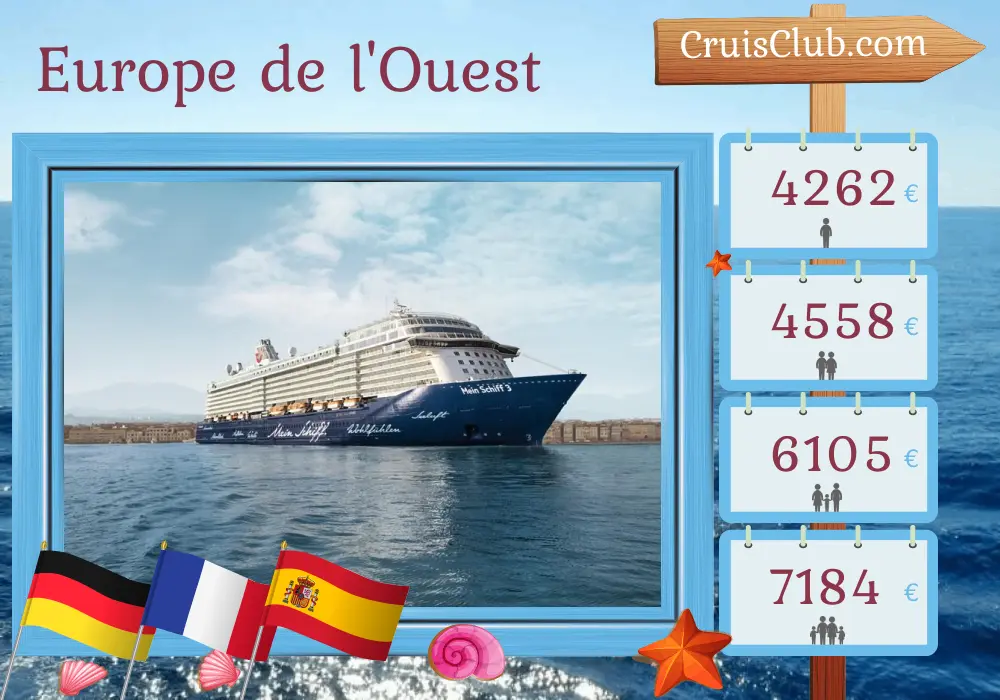 Croisière dans l`Europe de l`Ouest au départ de Bremerhaven à bord du navire Mein Schiff 3 avec des escales en Allemagne, en France et en Espagne pendant 13 jours