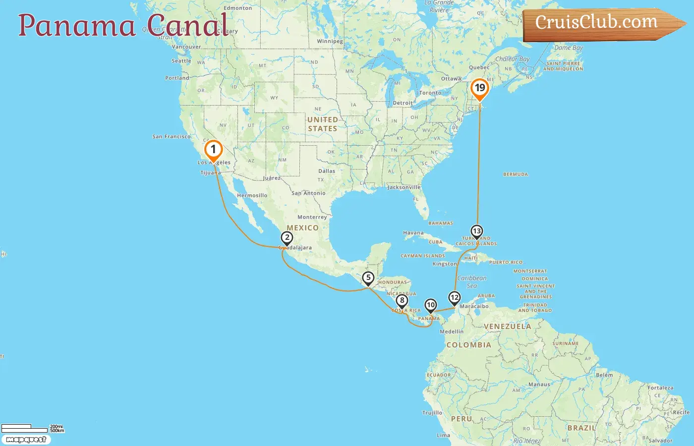 Cruise in the Panama Canal from Los Angeles to Boston aboard Celebrity Summit ship with visits to USA, Mexico, Guatemala, Costa Rica, Panama, and Colombia for 19 days