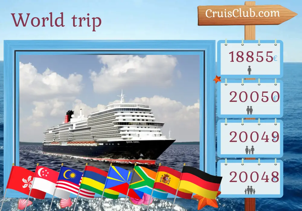 Cruise in the World trip from Hong Kong to Hamburg aboard Queen Anne ship with visits to Hong Kong, Viet Nam, Thailand, Singapore, Malaysia, Mauritius, Réunion, South Africa, Spain, and Germany for 51 days