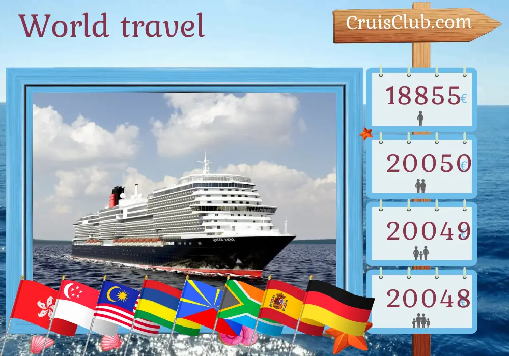 Weltreise-Kreuzfahrt von Hongkong nach Hamburg an Bord des Schiffes Queen Anne mit Besuchen in Hongkong, Vietnam, Thailand, Singapur, Malaysia, Mauritius, Réunion, Südafrika, Spanien und Deutschland für 51 Tage