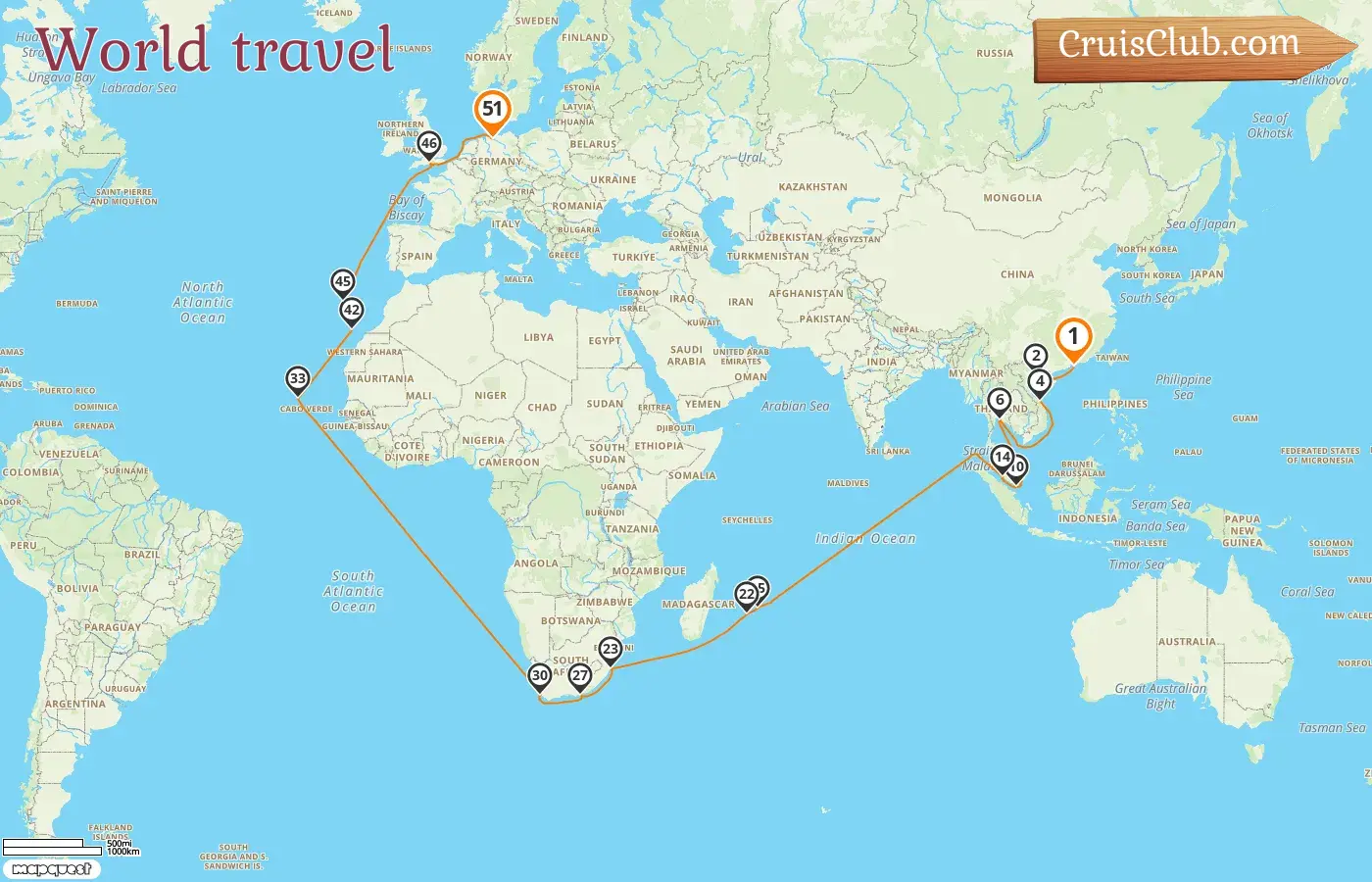 Weltreise-Kreuzfahrt von Hongkong nach Hamburg an Bord des Schiffes Queen Anne mit Besuchen in Hongkong, Vietnam, Thailand, Singapur, Malaysia, Mauritius, Réunion, Südafrika, Spanien und Deutschland für 51 Tage