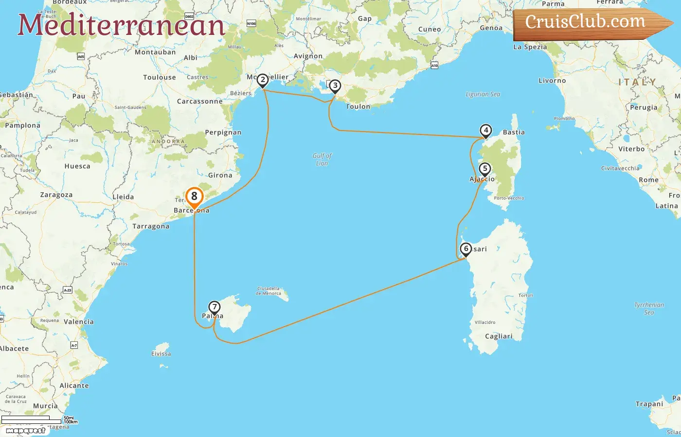 Cruise in the Mediterranean from Barcelona aboard L`Austral ship with visits to Spain, France, and Italy for 8 days